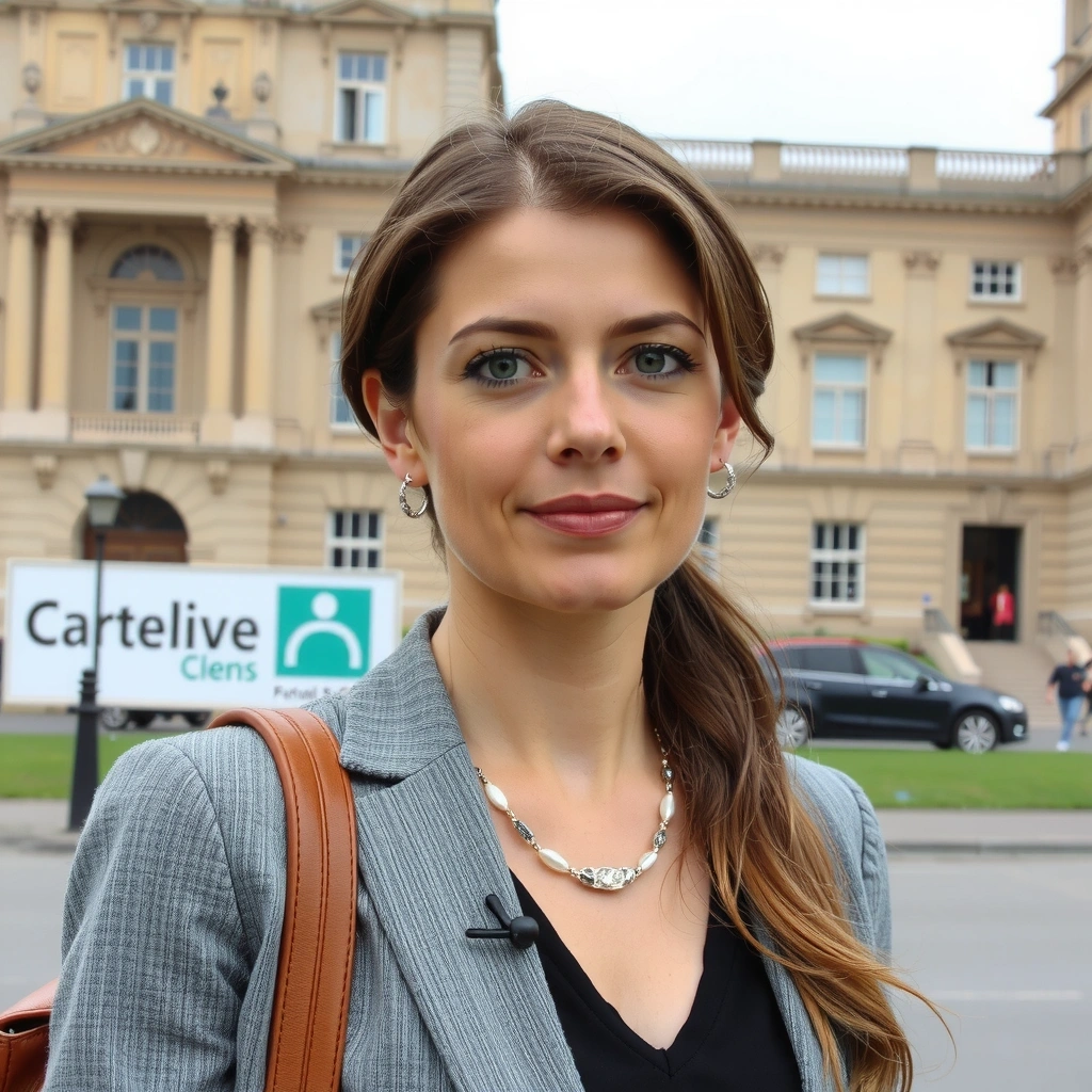 Ritratto di una giornalista di politica, donna, espressione seria e autorevole