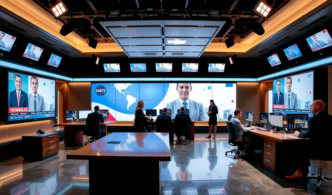 Ufficio editoriale moderno con persone che collaborano e schermi che mostrano notizie