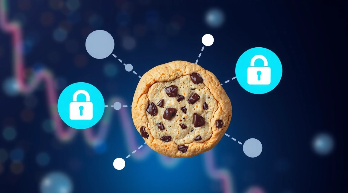 Illustrazione di un biscotto digitale che simboleggia i cookie del browser, con elementi di sicurezza e privacy.