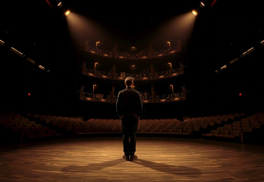 Un attore sul palco di un teatro antico con luci soffuse