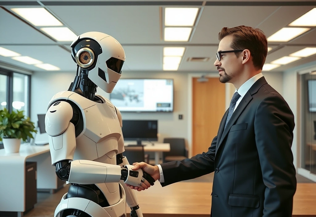 Un uomo d'affari che stringe la mano a un robot