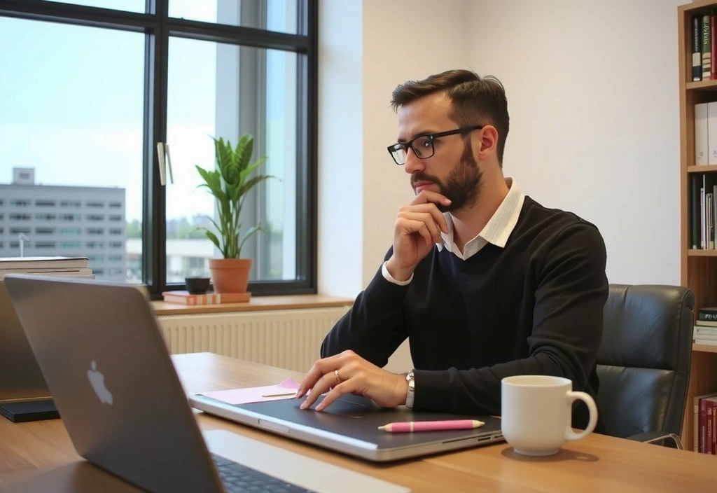 Uomo che scrive su un laptop con espressione concentrata, in un ambiente sofisticato.