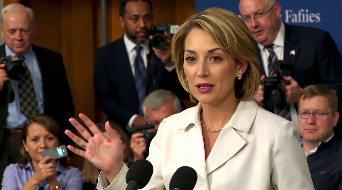 Una donna politica che parla a una conferenza stampa