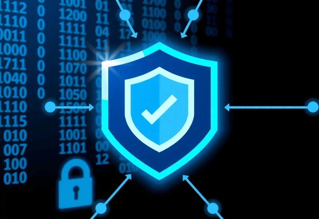 Data security concept with shield icon and multiple layers of protection